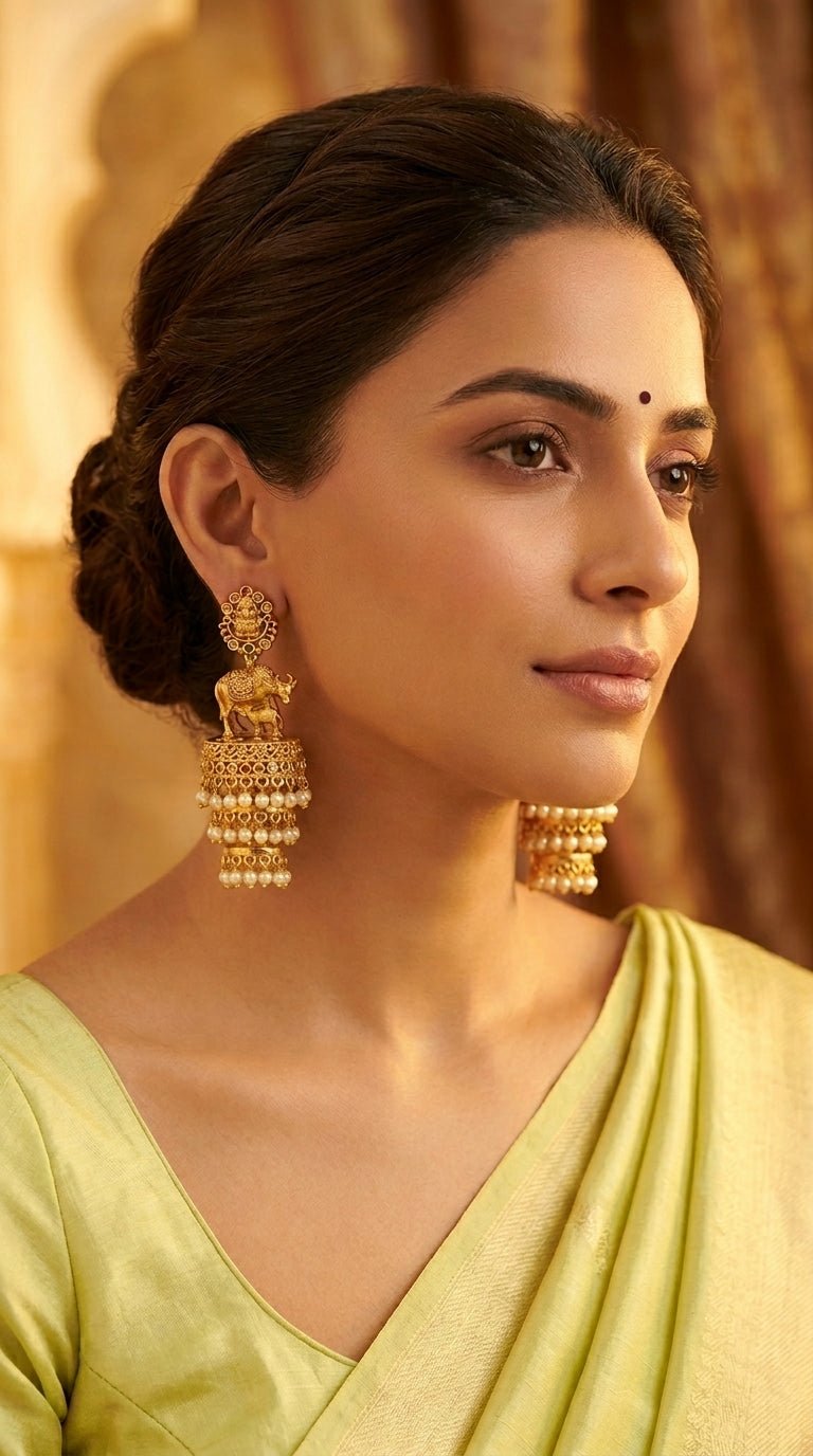 Gold-Toned Kamdenu Inspired Layered Jhumka Earrings ER 896