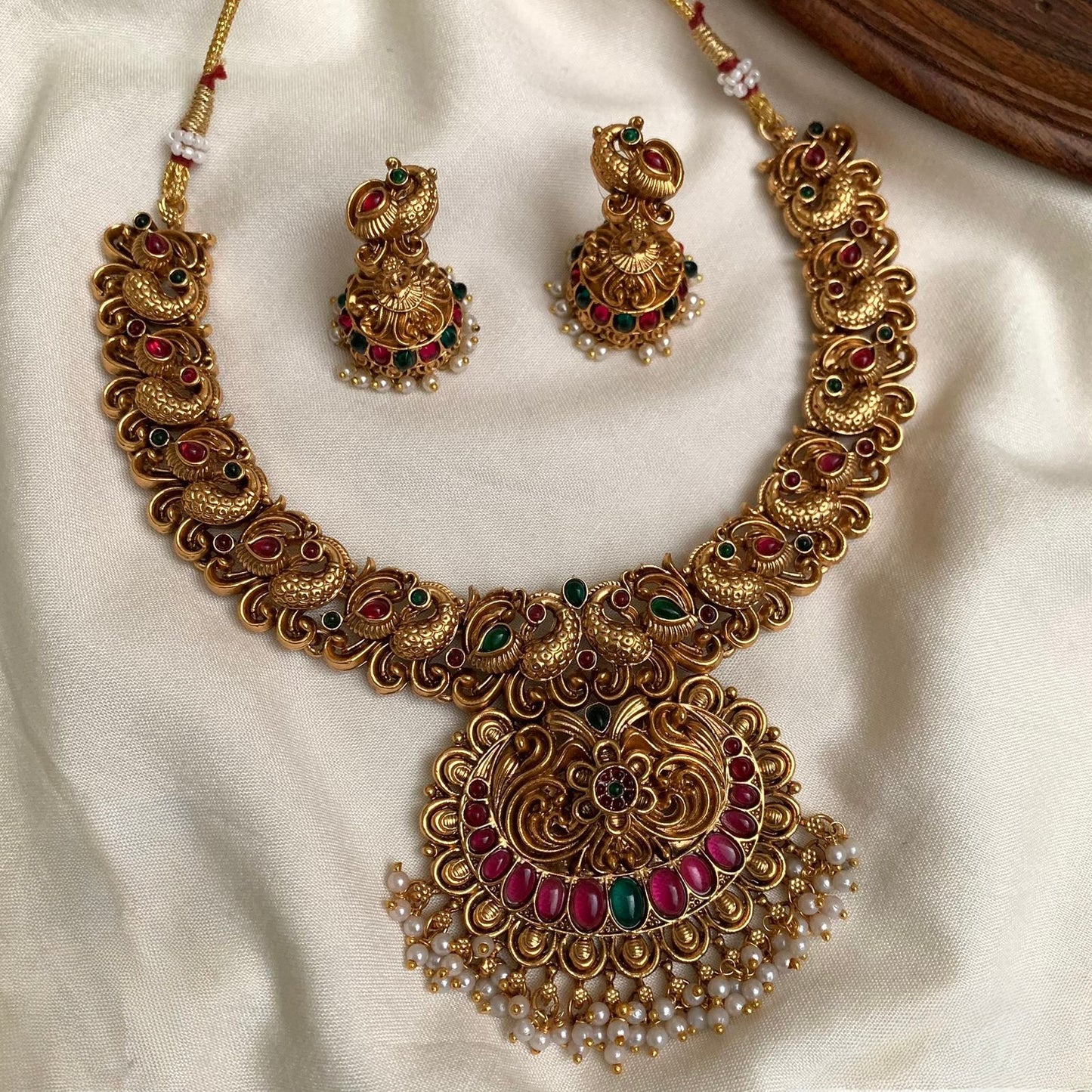 Gold-Toned Peacock Pushpa Pearl Beaded Necklace 1413