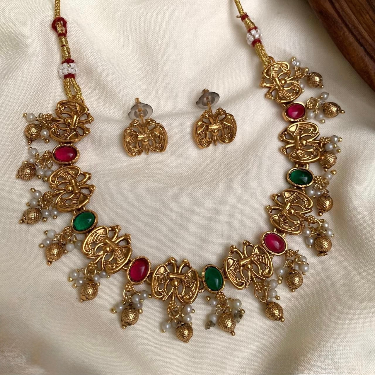 Gold-Toned Peacock Motif Bead Hanging  Necklace 168