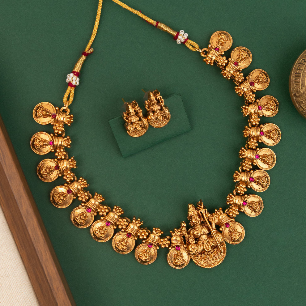 Gold-Toned Traditional Lakshmi Kaasu Necklace 1826