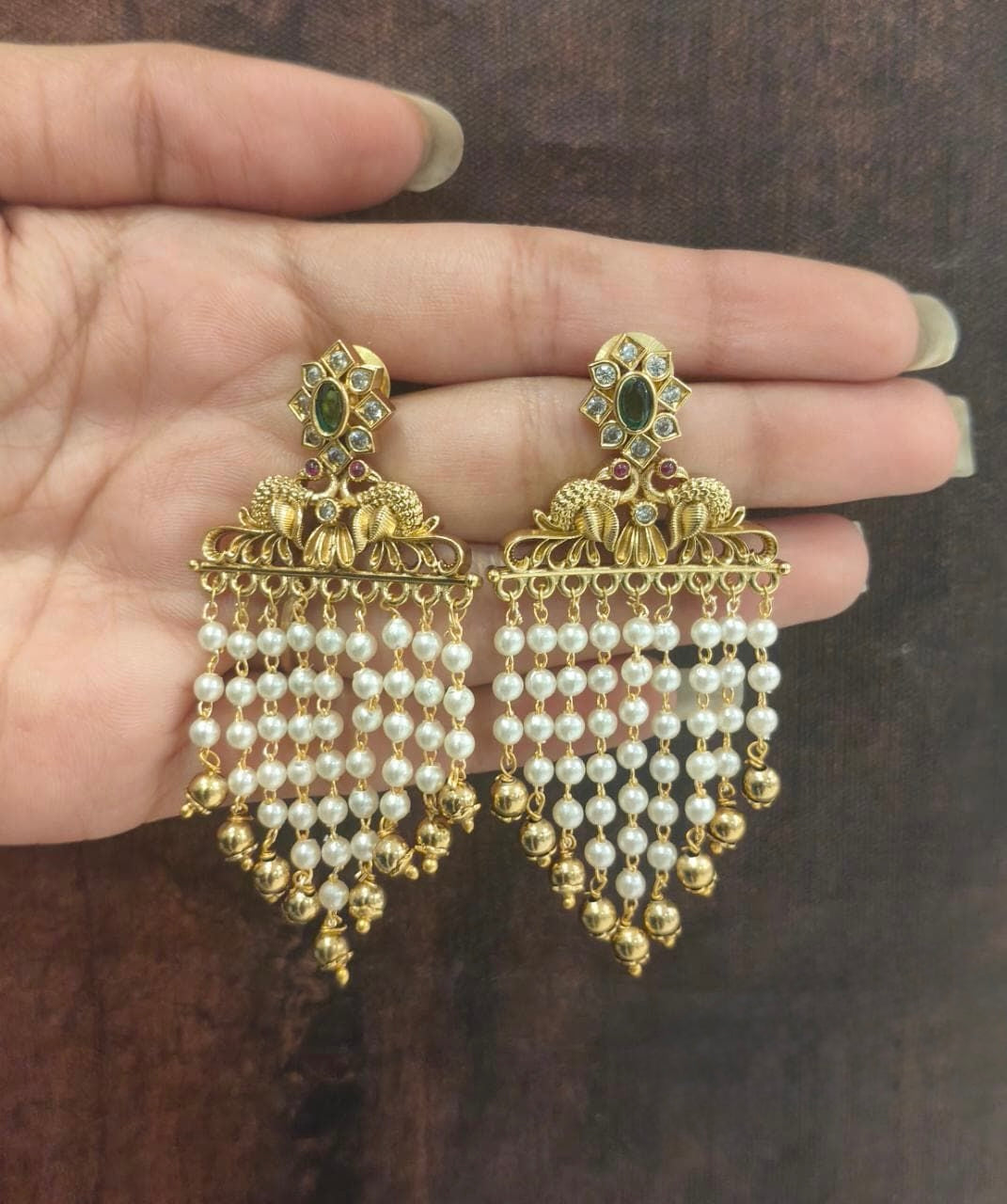 Gold-Toned Peacock Motif Pearl Earrings ER 147