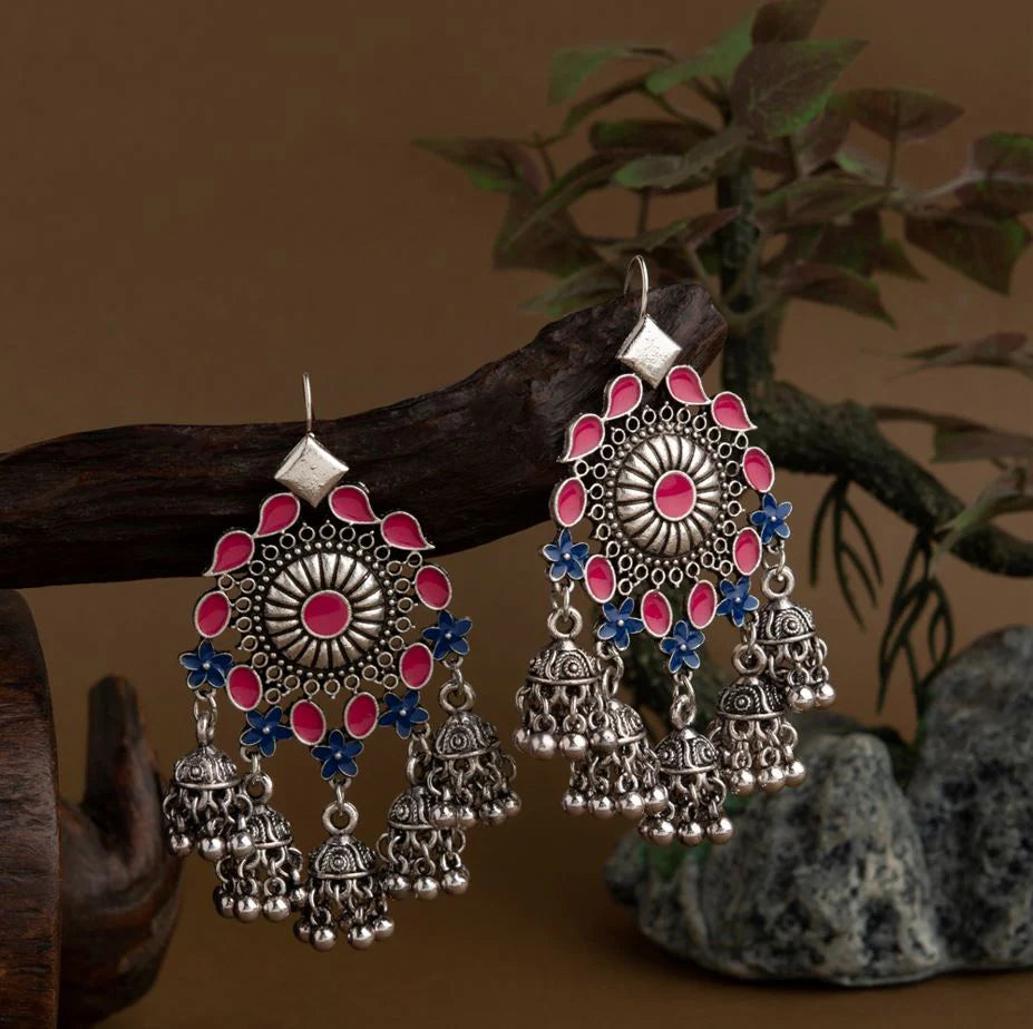 Silver Plated Floral Enamel Design Antique Jhumki Earring  ER 43