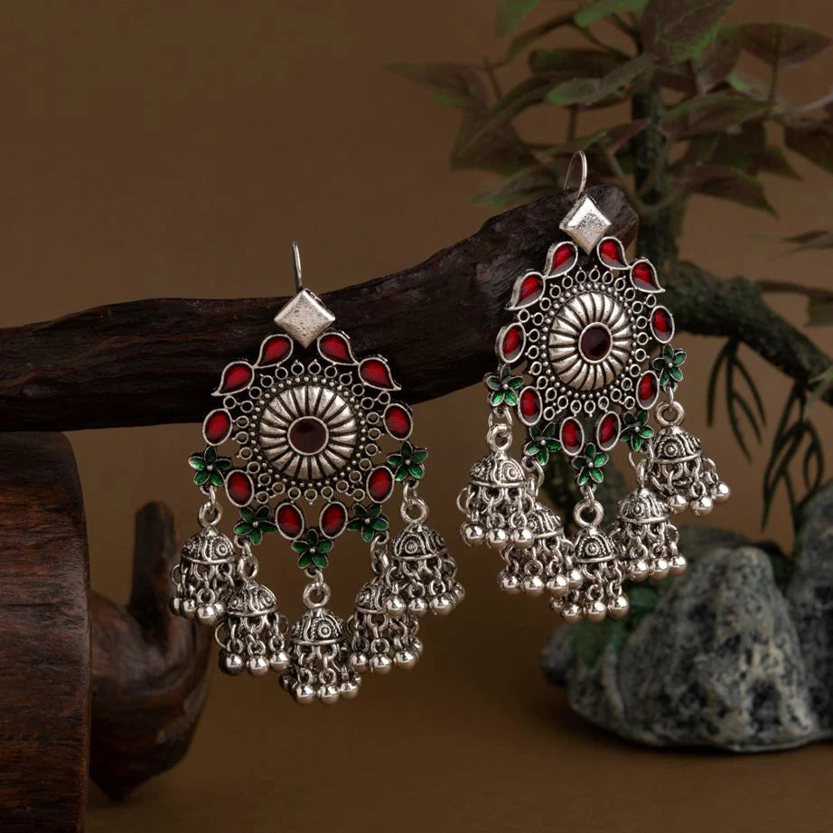 Silver Plated Floral Enamel Design Antique Jhumki Earring  ER 43