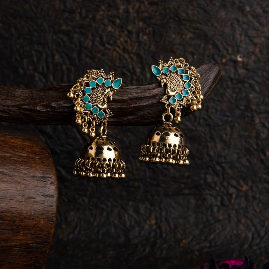 Gold Plated Peacock Design Enamel Artwork Fashion Antique Jhumki Earring- ER 30