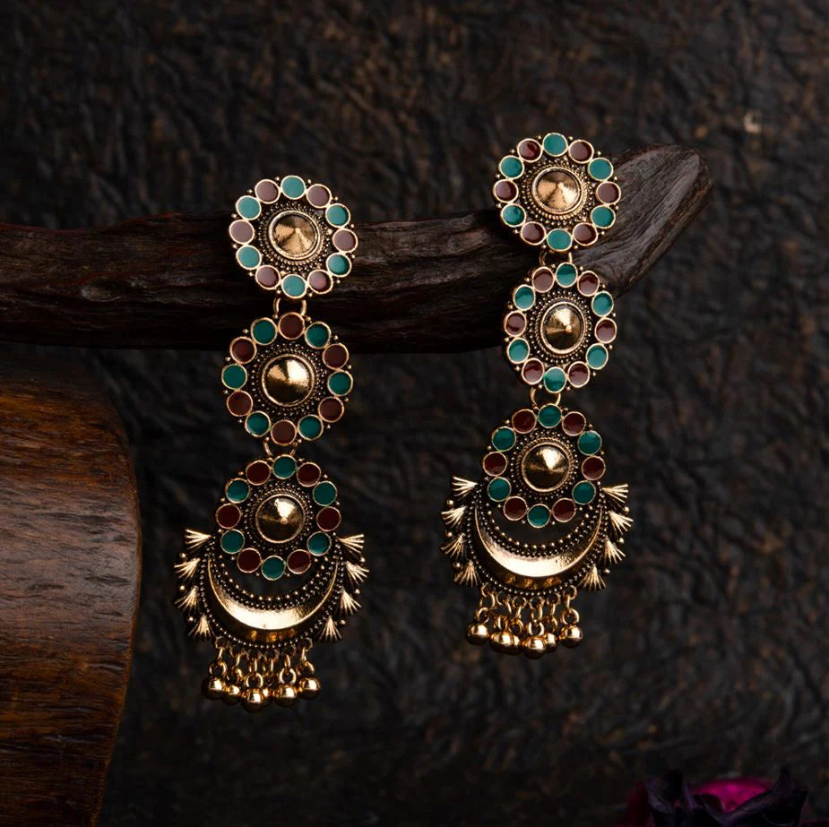 Antique Gold Plated Dual Colored Floral Enamel Design With Chandbali Shaped Hanging Beads Fashion Earring ER 54