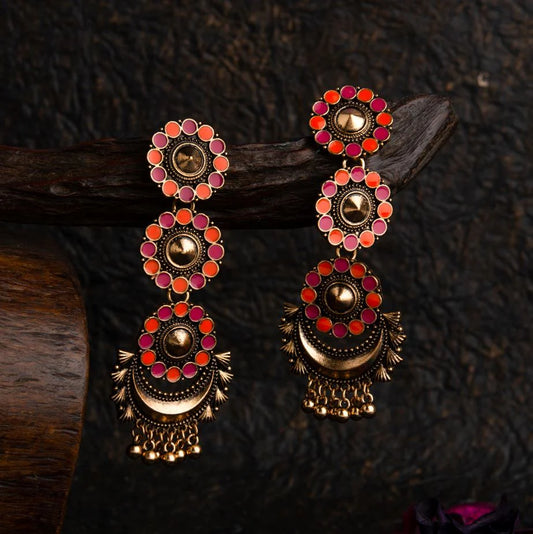 Antique Gold Plated Dual Colored Floral Enamel Design With Chandbali Shaped Hanging Beads Fashion Earring ER 54