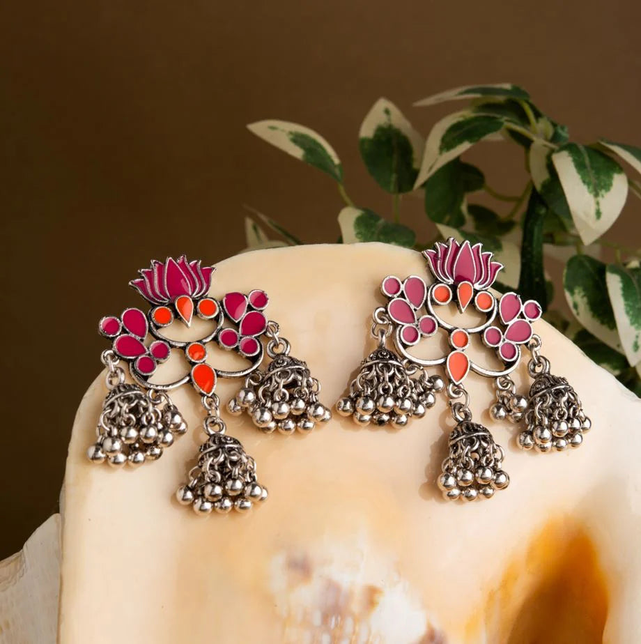 Silver Plated Lotus Designed Dual Coloured Enamel With Triple Jhumki Earring ER 19