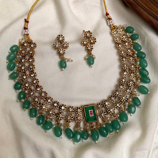 Gold-Toned Floral Designed Bead Hanging  Necklace 1418