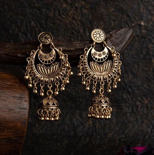 Gold Plated Chandbali &Amp; Lotus Artwork Fashion Antique Jhumki Earring ER 57