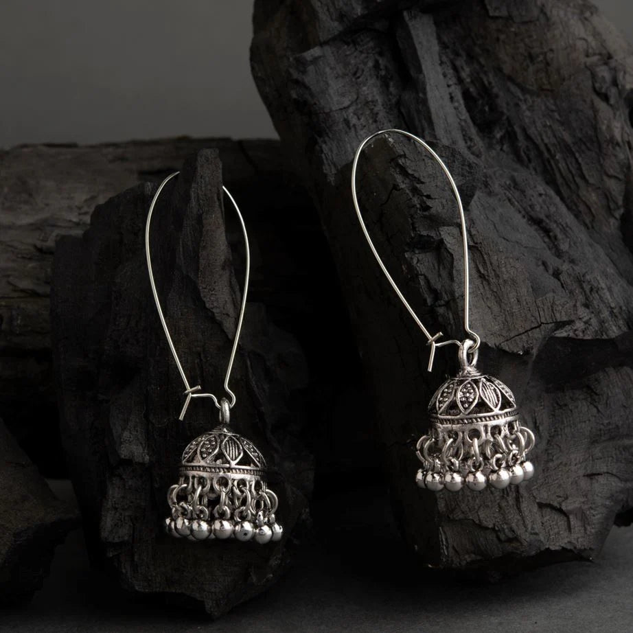 Silver Plated Long Hook Closure Antique Jhumki Earring ER 59