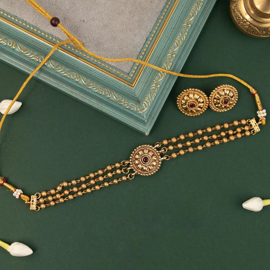 Gold-Toned Three-Layer Floral Pendant Choker Necklace 1401