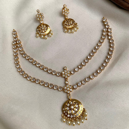 Gold-Polish Floral Kemp Stone Attigai Necklace 1580