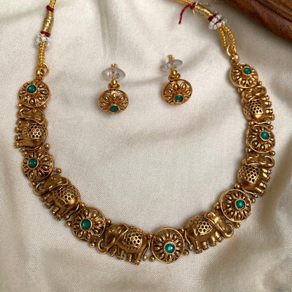 Gold-Polish Floral Elephant Designed Necklace 1423