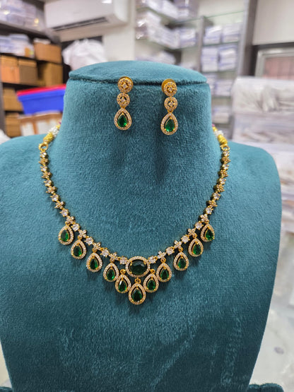Gold-Polish Tear-Drop Floral AD Necklace 1311