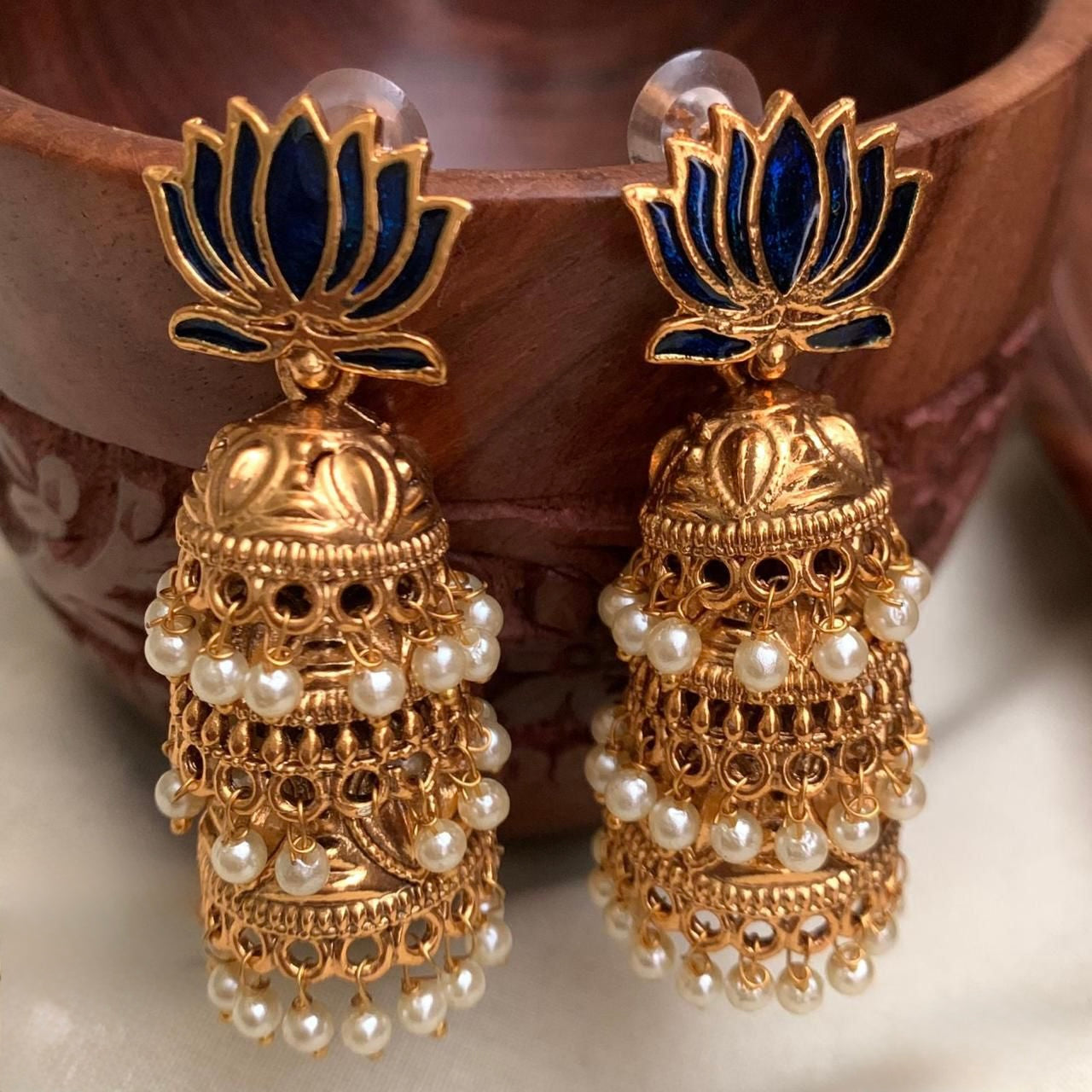 Gold-Toned Lotus Hand Made Three Layer Jhumka Earrings ER 748