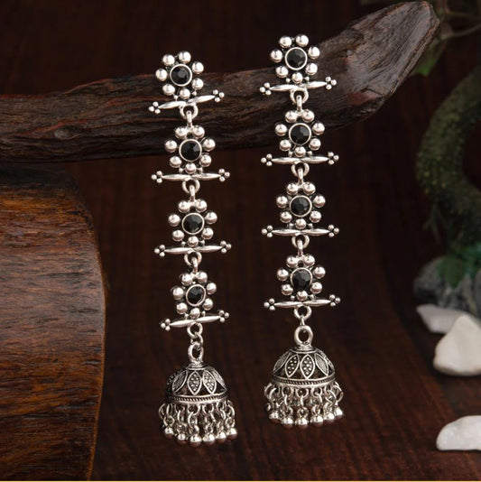 Oxidised Silver Plated Stone Studded Four Layered Flower Linked With Antique Jhumka Earring ER 71