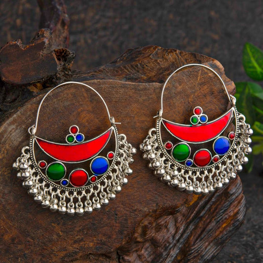 Silver Plated Chand Bali Style Multicolored Enamel Artwork Antique Earring- ER 31