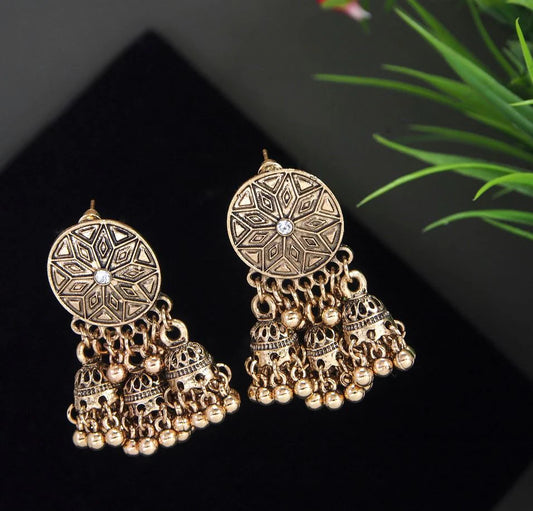 Antique Gold Plated Drop Bells Stud Triple Jhumka Earring ER 32