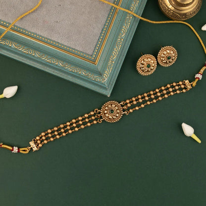 Gold-Toned Three-Layer Floral Pendant Choker Necklace 1401