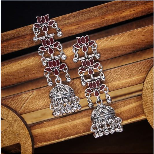 Antique Silver Plated Triple Layered Red Floral Enamel Work Jhumki Earring  ER 40