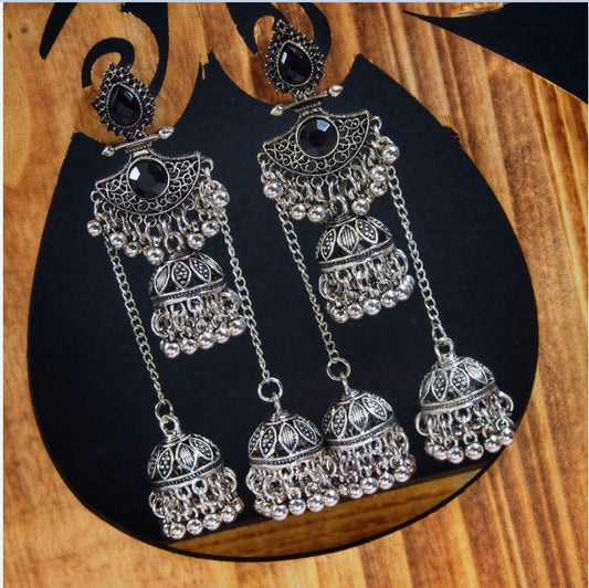 Antique Oxidized Silver Plated Black Stud With Triple Jhumki Earring  ER 34