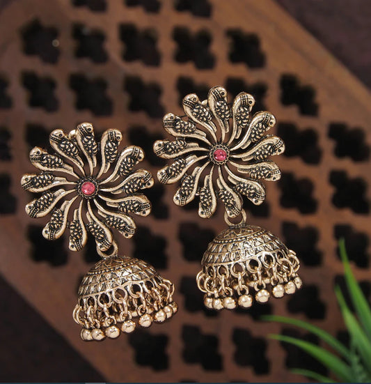 Antique Gold Plated Floral Peacock Design Hanging Beads Jhumki Earring ER 48