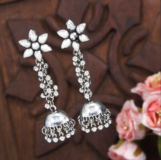 Silver Plated Floral Design Hanging Beads Long Jhumka Earring  ER 35