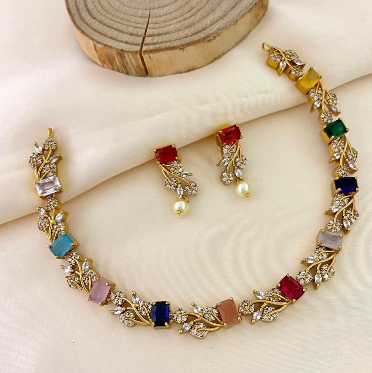 Gold-Polish Leaf Design AD Stone Necklace 251