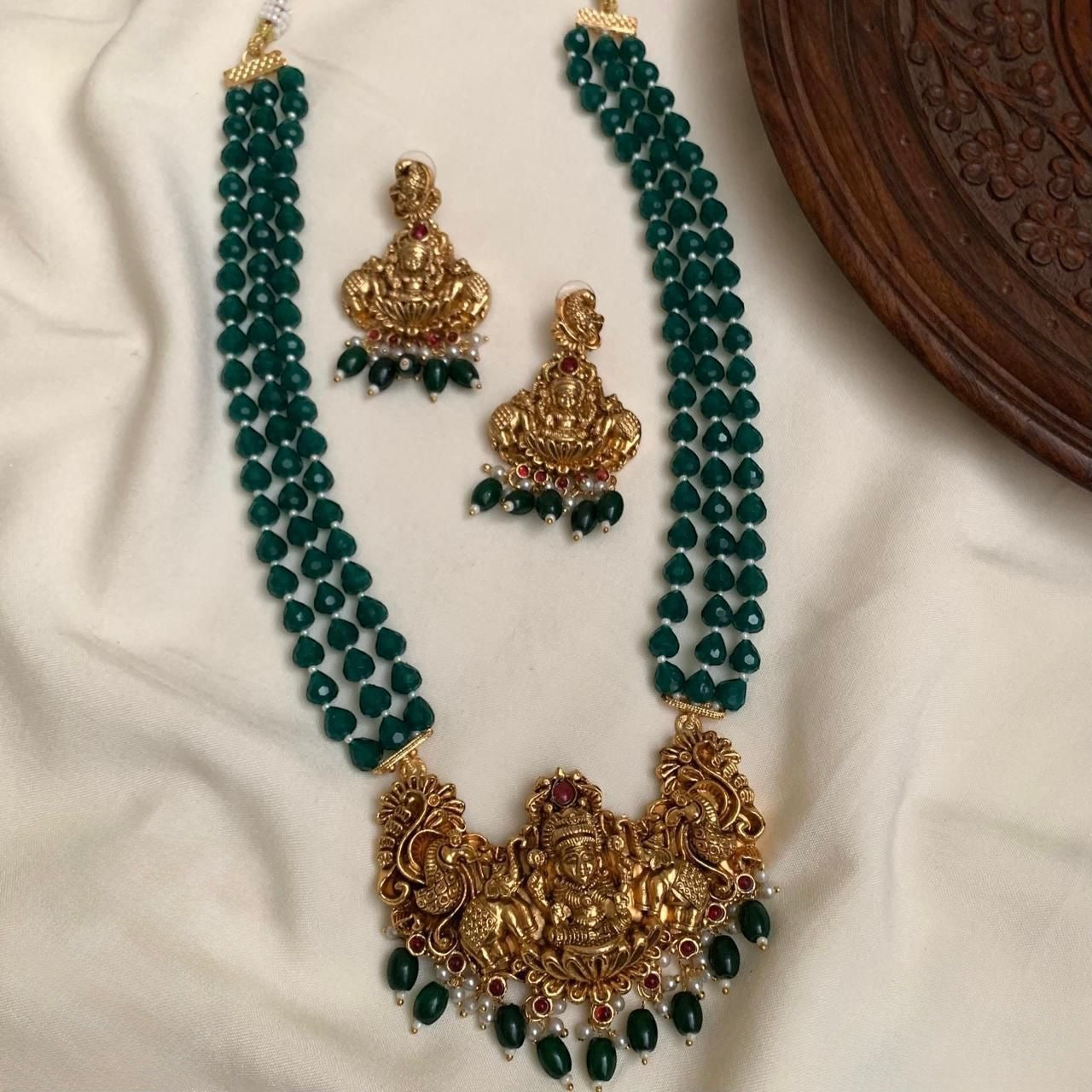 Gold-Toned Lakshmi Pendant Peacock Three Layer Beaded Necklace 1410