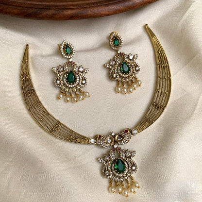 Gold-Toned Peacock  Motif AD Necklace 1386