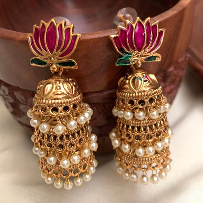 Gold-Toned Lotus Hand Made Three Layer Jhumka Earrings ER 748
