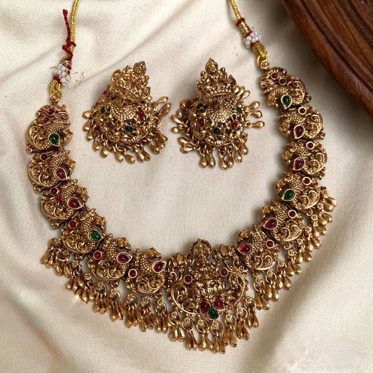 Gold-Polish Lakshmi Peacock Motif Short Necklace 1165