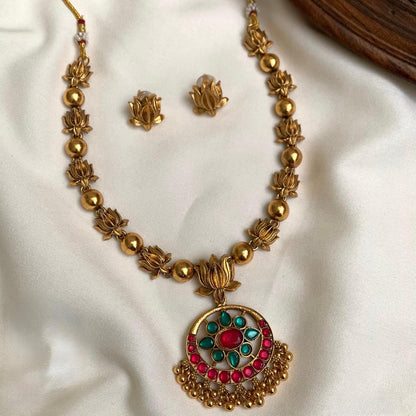 Gold-Toned Floral Pendant Lotus Necklace 1465