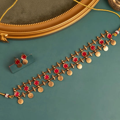 Gold-Toned Floral Lakshmi Kaasu Choker Necklace 1154