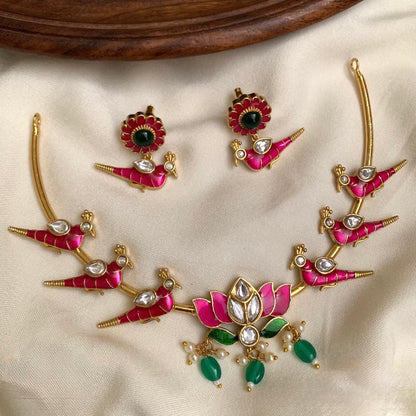 Gold-Toned Lotus Hasli Meenakari Necklace 1411