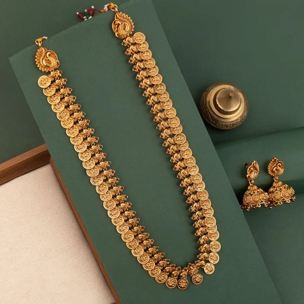 Gold-Toned Traditional Kaasu Lakshmi Peacock Long Necklace 1819