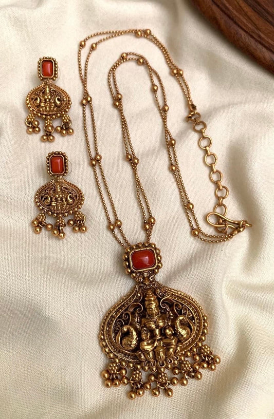 Gold Polish Temple Lakshmi Coral Necklace 1166
