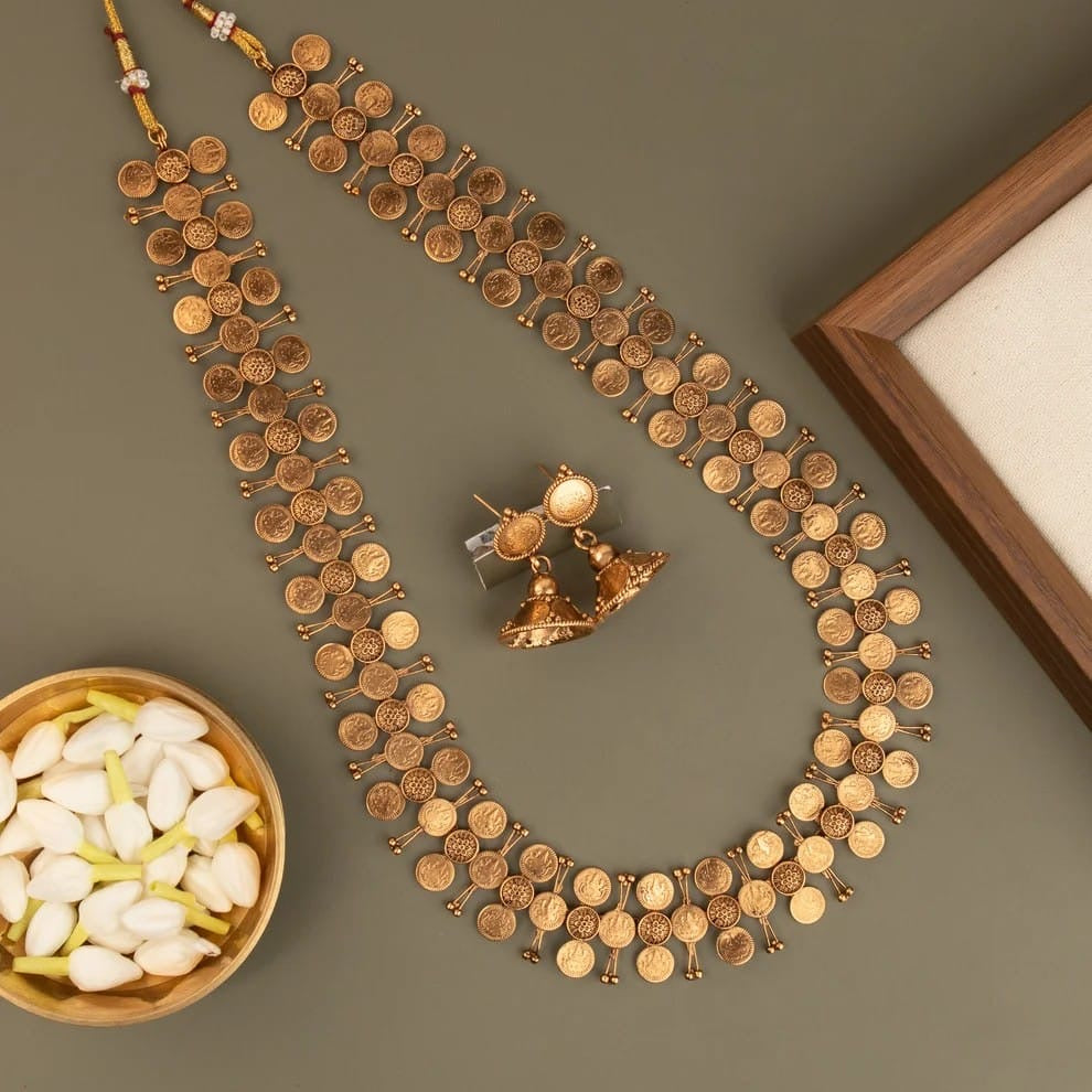Gold-Toned Floral Traditional Lakshmi Kaasu Long Necklace 1829