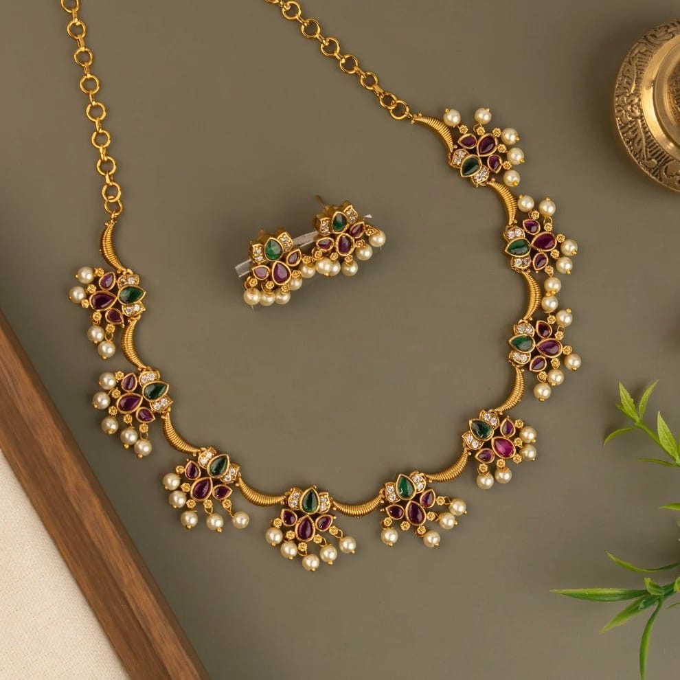 Gold-Toned  Lotus-Pearl Drop Choker Necklace 1827