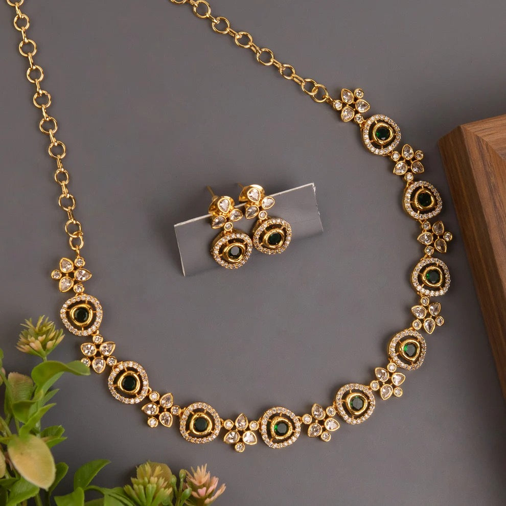 Gold-Toned Floral AD Designed Necklace 1453