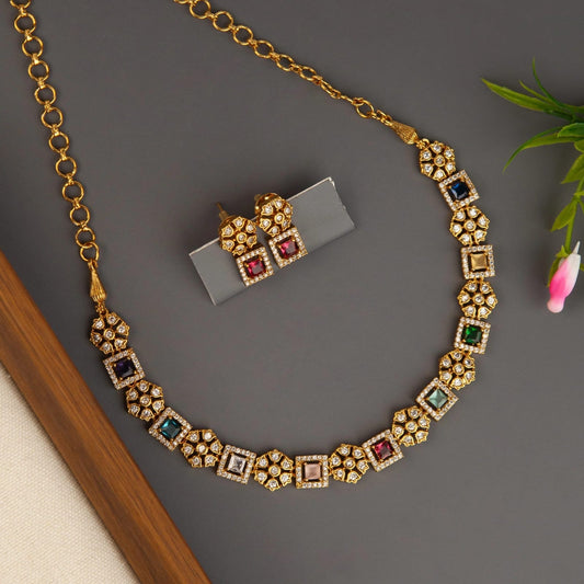 Gold-Toned Floral AD Designed Necklace 1452