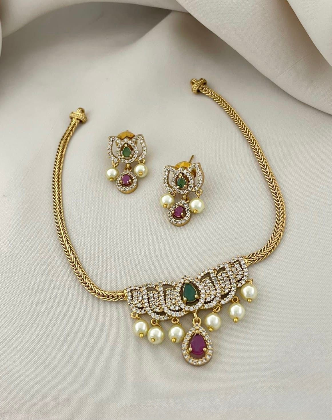 Gold-Toned Lotus-Designed AD Pearl Necklace 1384