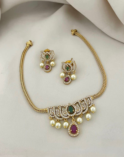 Gold-Toned Lotus-Designed AD Pearl Necklace 1384