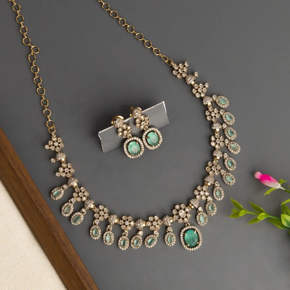 Mehendi-Polish AD Stone Floral Designed Necklace 1454