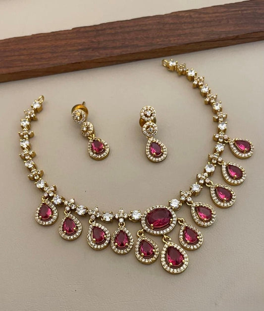 Mehendi Polish Stone-Studded Dew-Drop AD Necklace 144