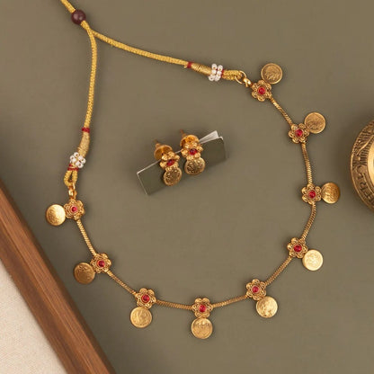Gold-Toned Floral Traditional Lakshmi  Kaasu  Necklace 1805