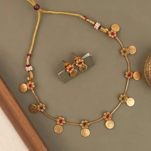 Gold-Toned Floral Traditional Lakshmi  Kaasu  Necklace 1805