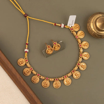 Gold-Polish Traditional  Kaasu  Lakshmi Choker Necklace 1727