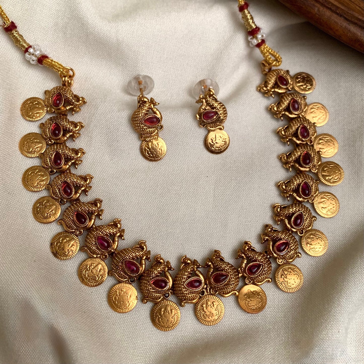 Gold-Toned Kaasu Designed Lakshmi Peacock Necklace 1424