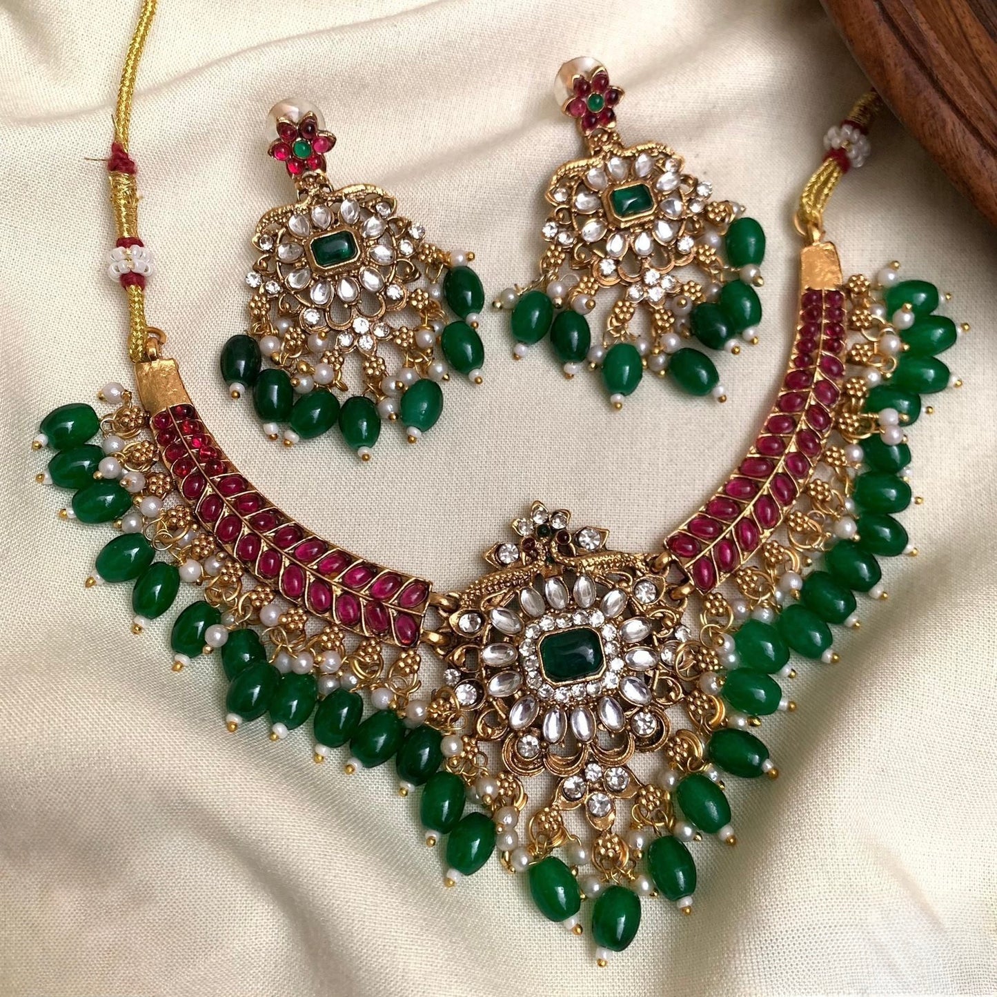 Gold-Toned Kundan Ruby-Red Emerald Green Beads Necklace 1188
